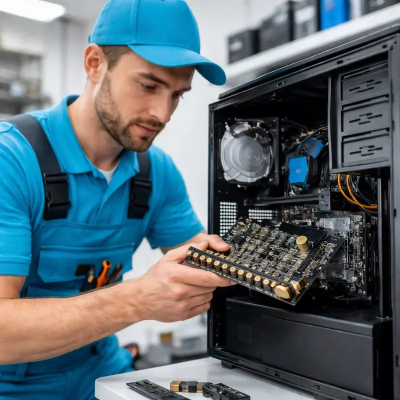 Мастер устанавливает звуковую карту на ПК в Жуковском